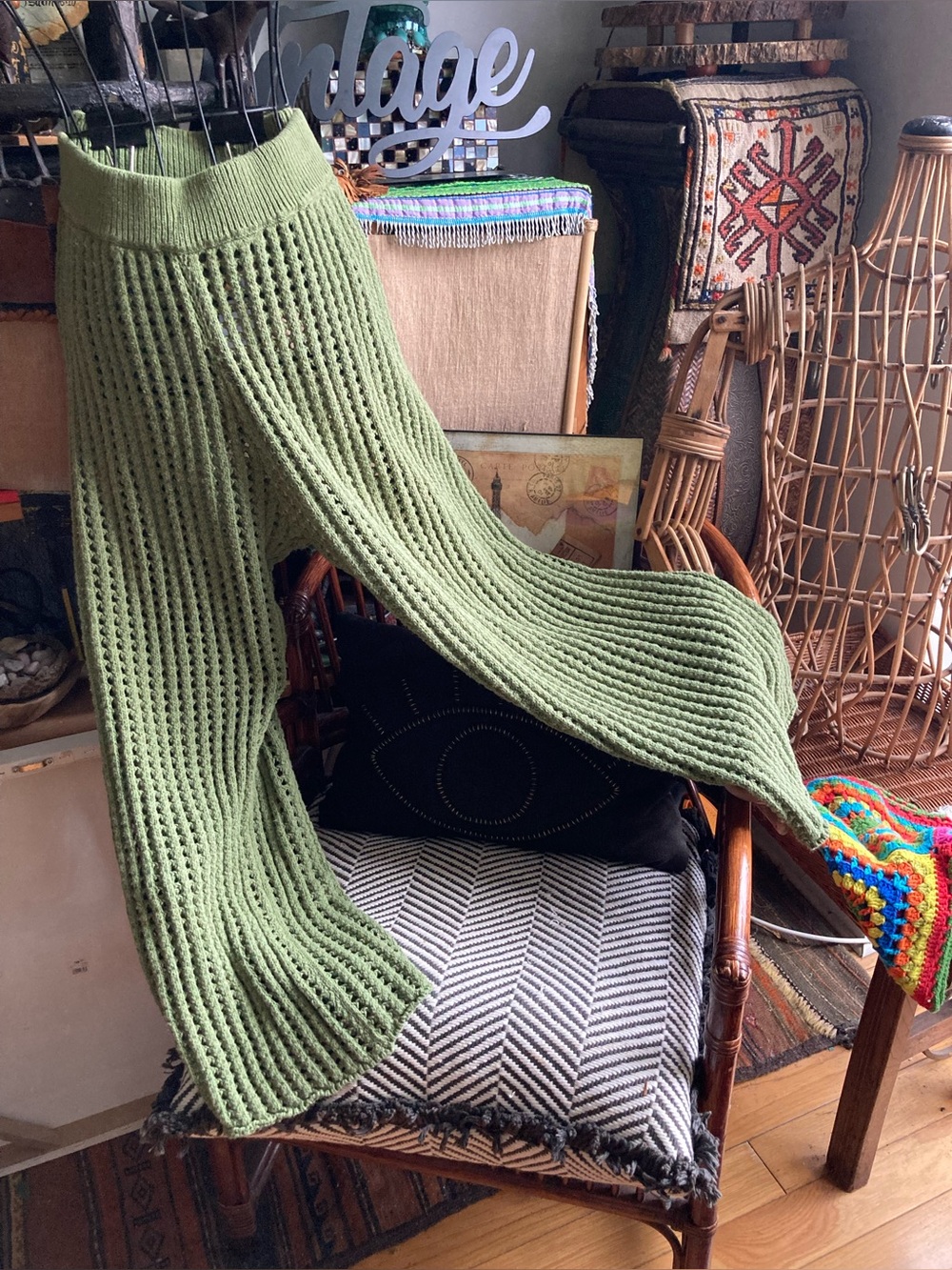 Free People Olive Green Open-Weave Sweater Pants